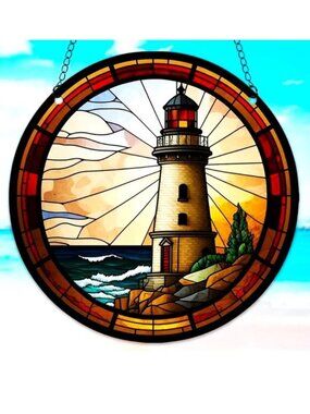 Lighthouse Suncatcher Ocean Sea Sunset Coast Colorful Boat Nautical In/Outdoor